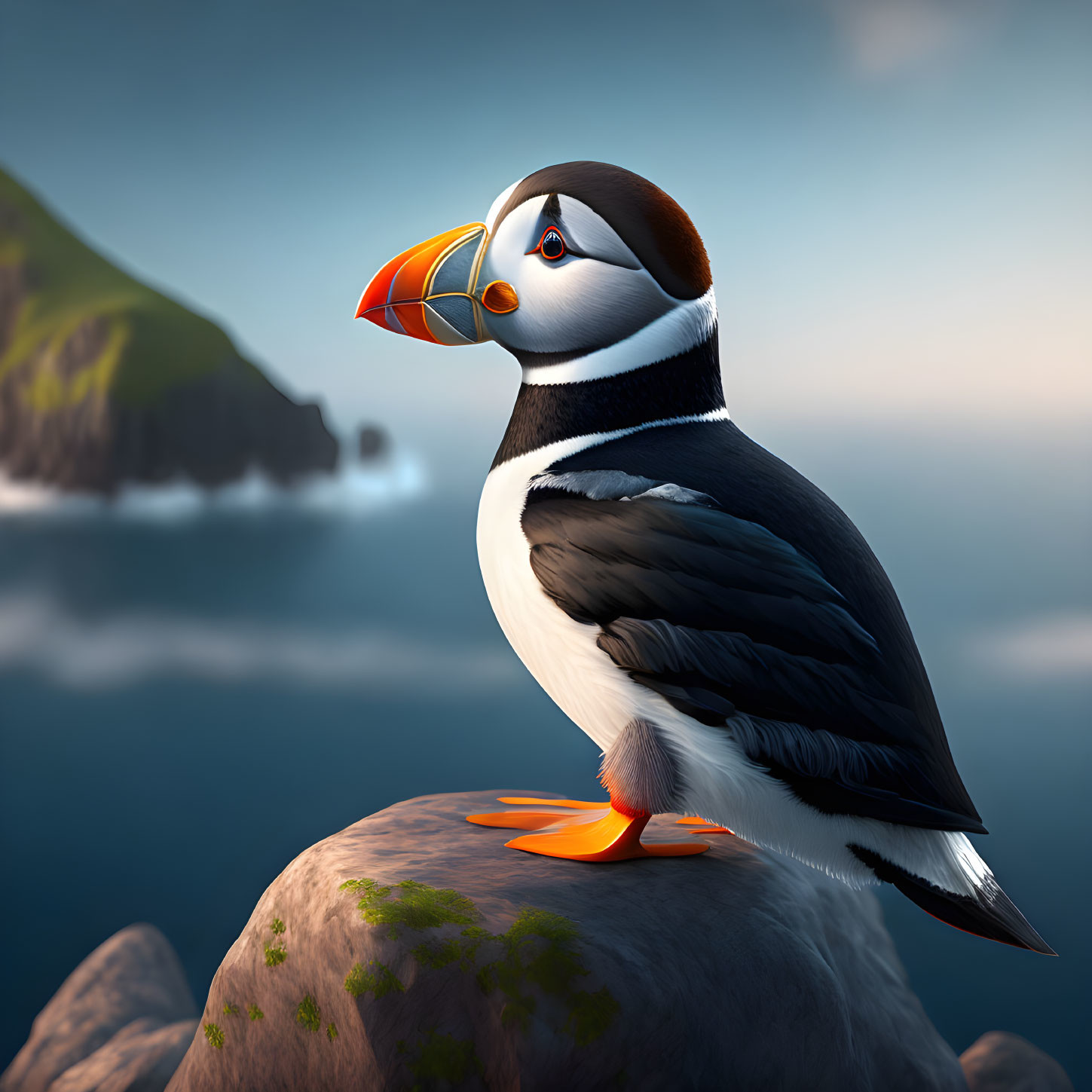 Puffin on rocky cliff with sea and islands in soft-lit sky