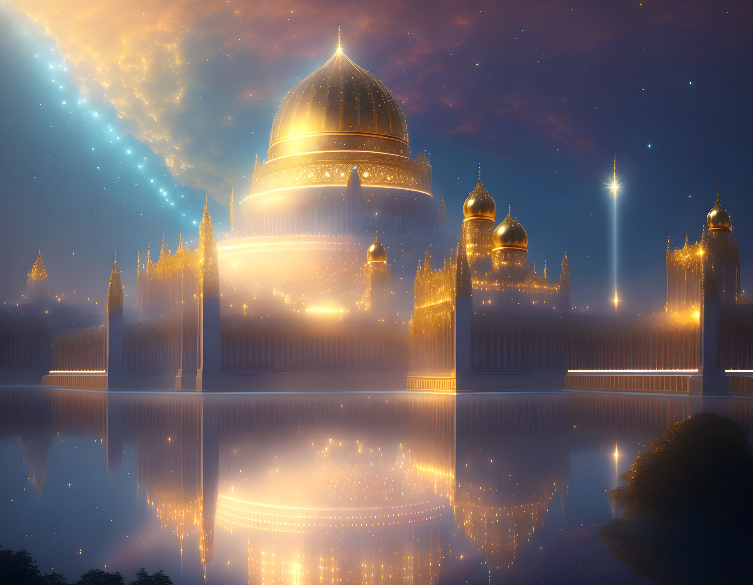 Golden palace with shimmering lights and spires reflected in tranquil waters under starry sky.