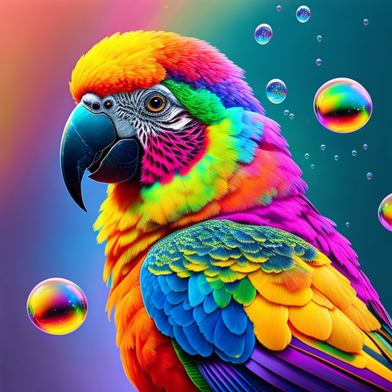 Colorful Parrot with Detailed Plumage on Vibrant Background with Iridescent Bubbles
