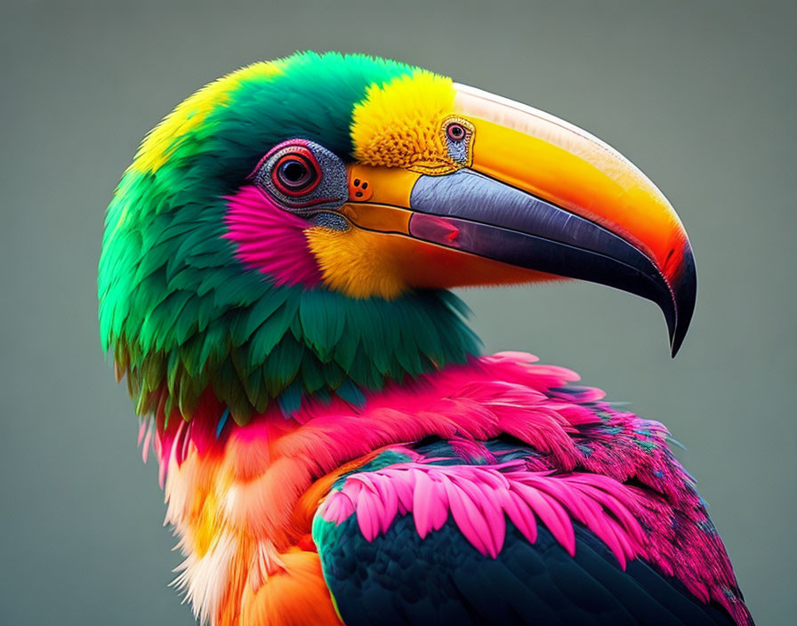 Colorful Toucan with Orange Bill and Pink Feathers on Gray Background