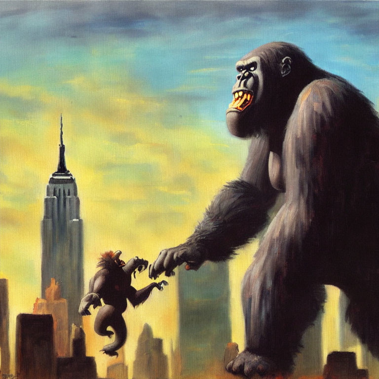 Giant gorilla and cityscape with smaller monkey and dramatic sky