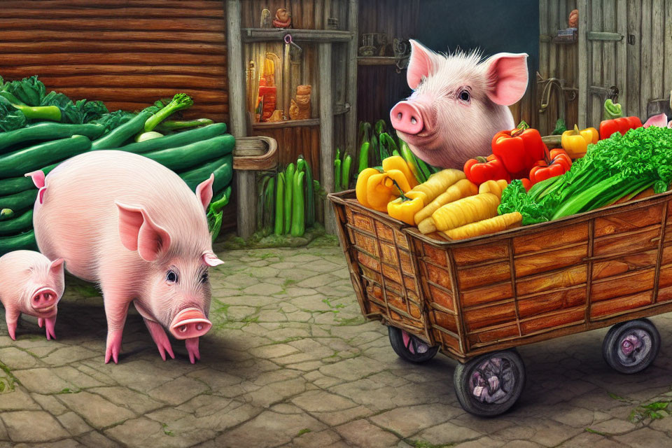 Cartoon pigs with vegetables near wooden cart and doors