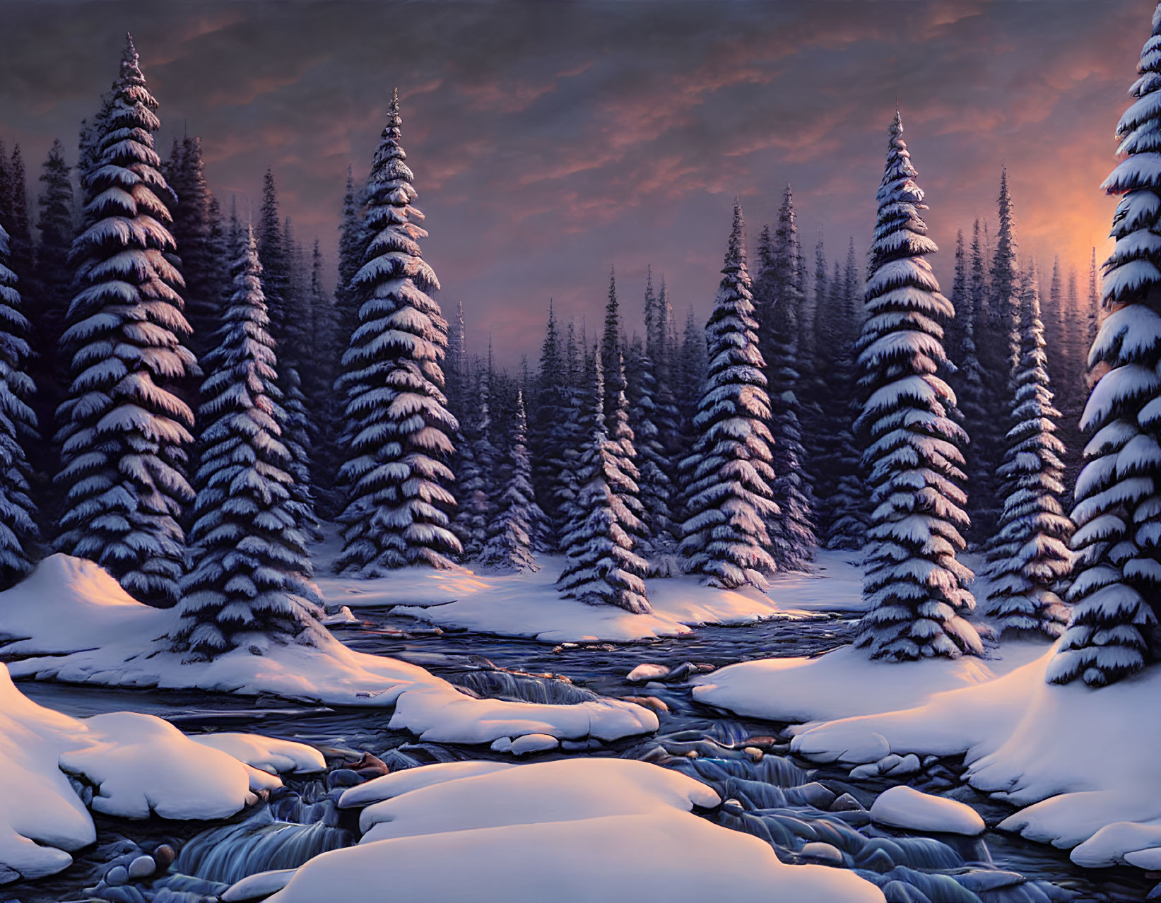 Snow-covered pine trees and icy stream in serene winter dusk scene