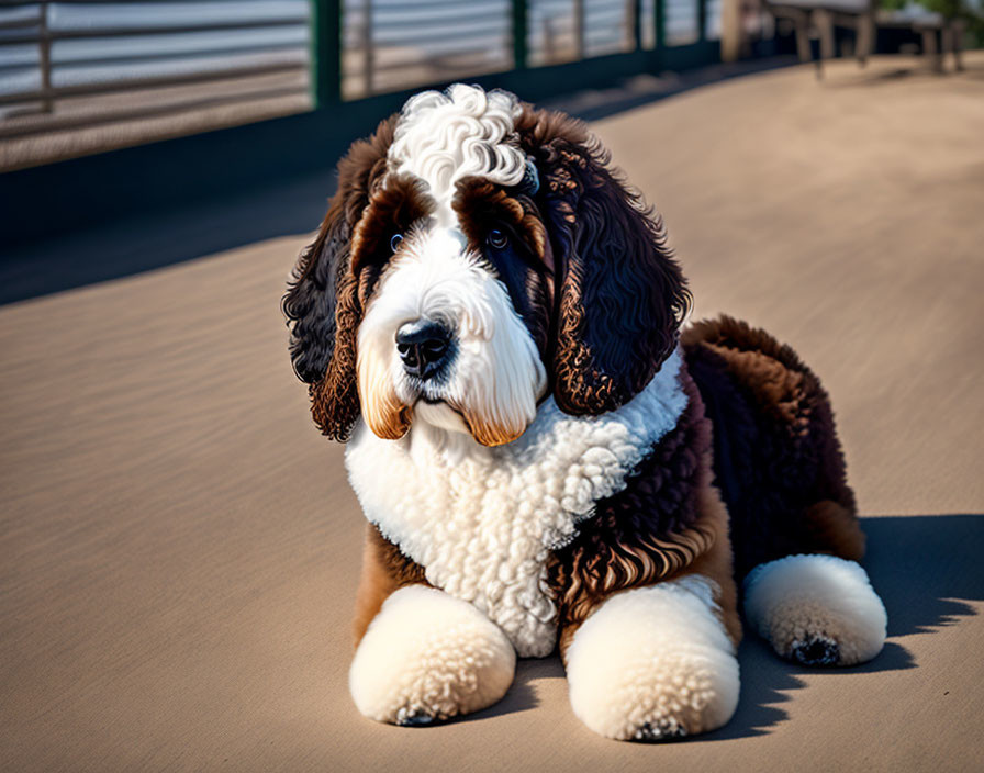 Brown and White Plush Toy Dog on Sandy Beach with Ocean Backdrop