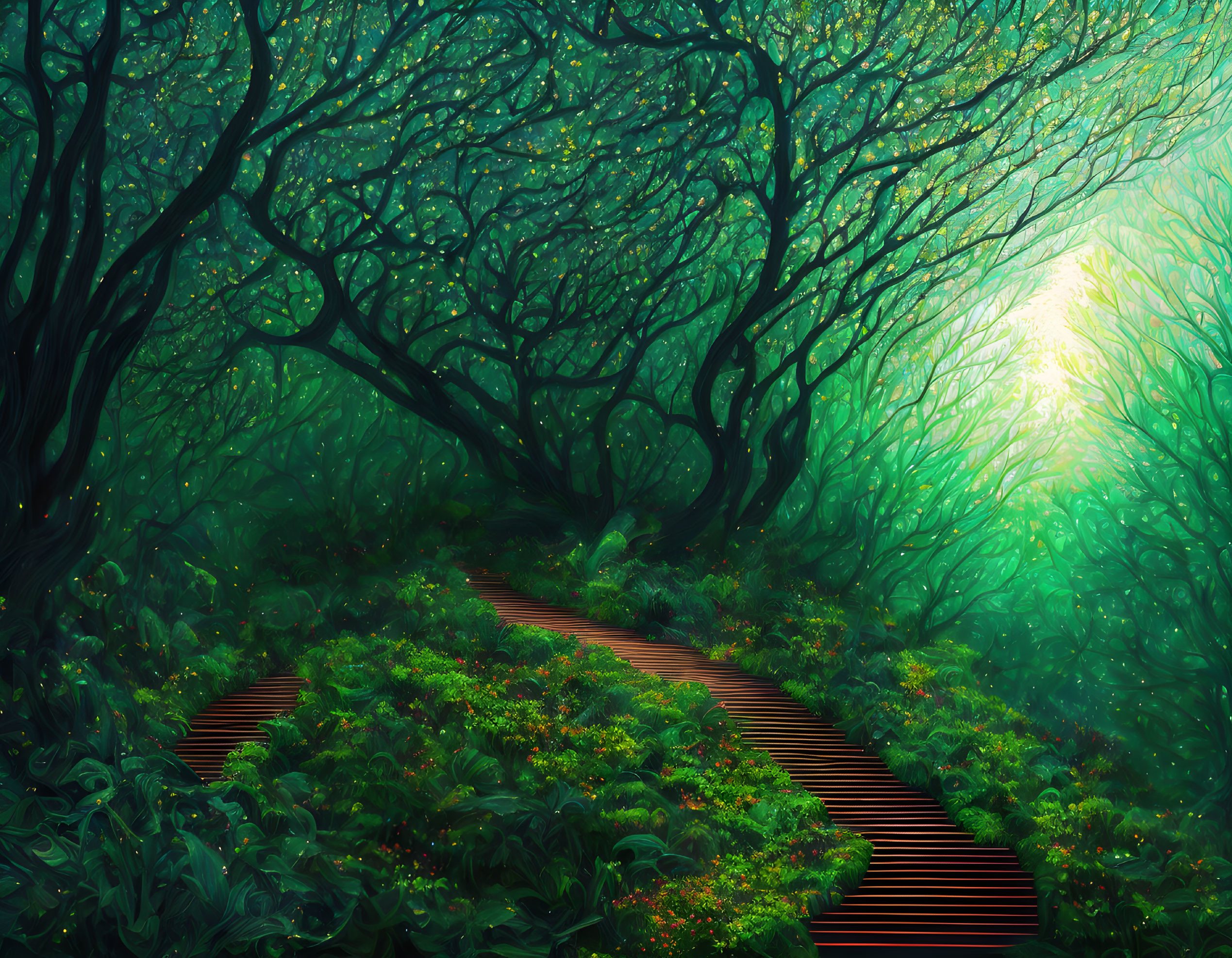 Serene fantasy forest with winding wooden pathway and lush green foliage