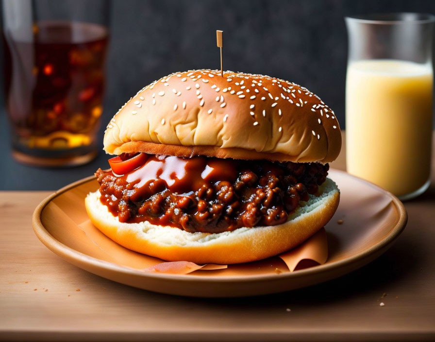 Sloppy Joe Sandwich on Sesame Bun with Sauce and Milk Drink