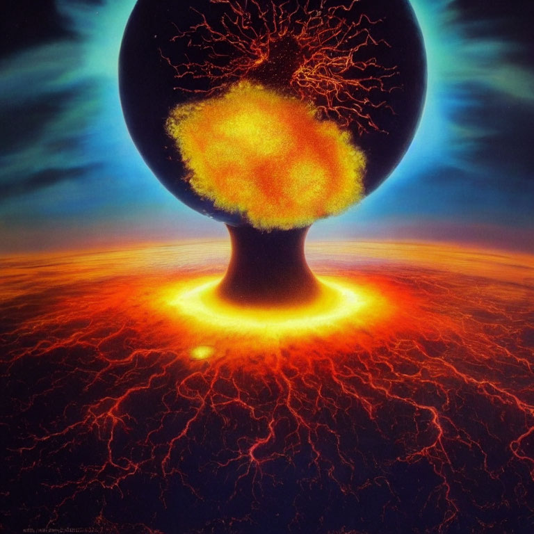 Dark Sphere with Fiery Cracks Floating Above Lava-Like Surface