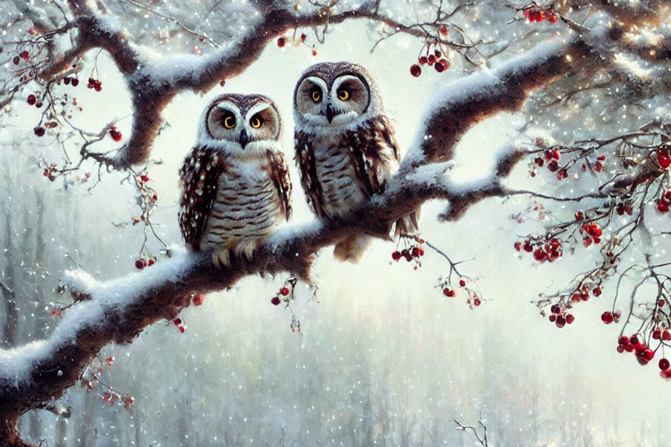 Snowy branch with two owls and red berries in frosty winter scene