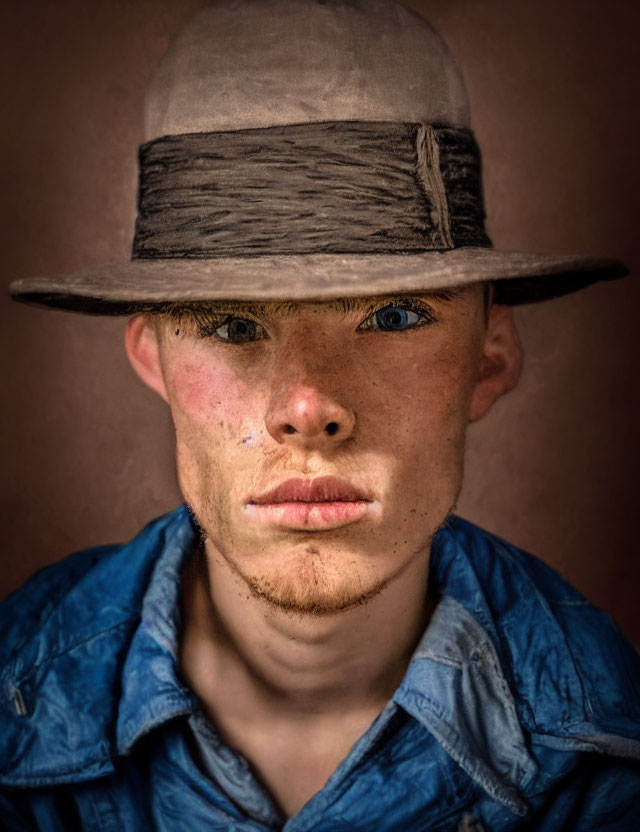 Young man with freckles in weathered hat and blue shirt gazes with intense blue eyes.