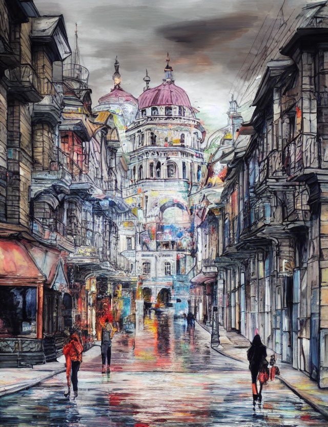 Colorful painting of rainy city street with cathedral and figures holding umbrellas