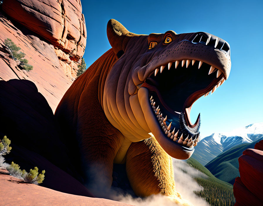 Ferocious Tyrannosaurus Rex Roaring in Desert Landscape