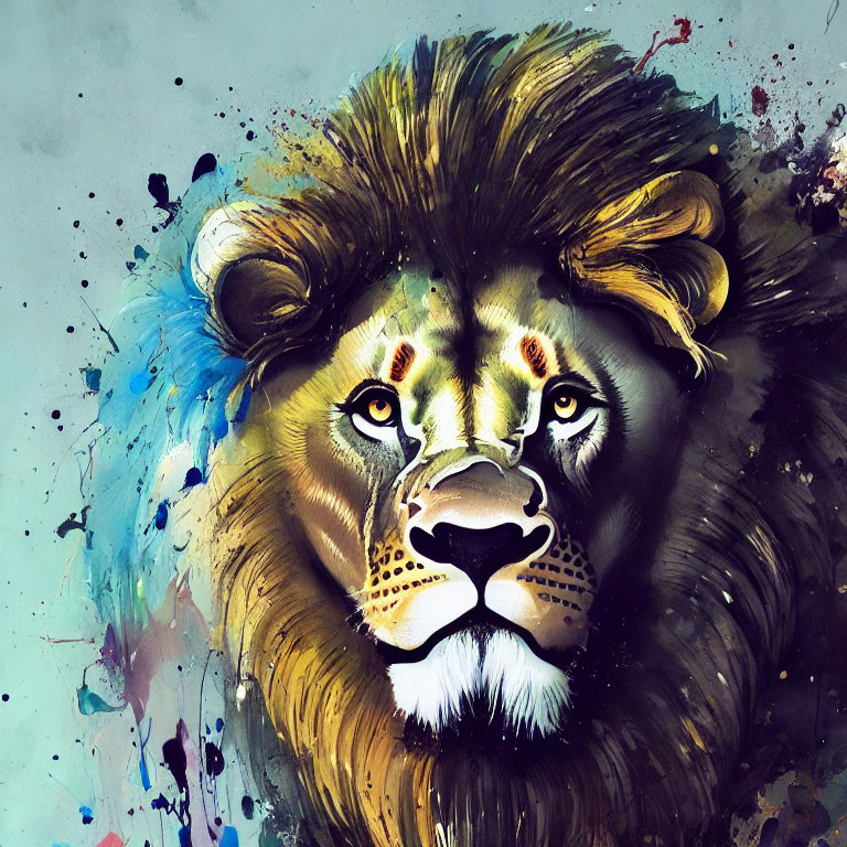 Colorful watercolor lion face painting with vibrant blue splashes