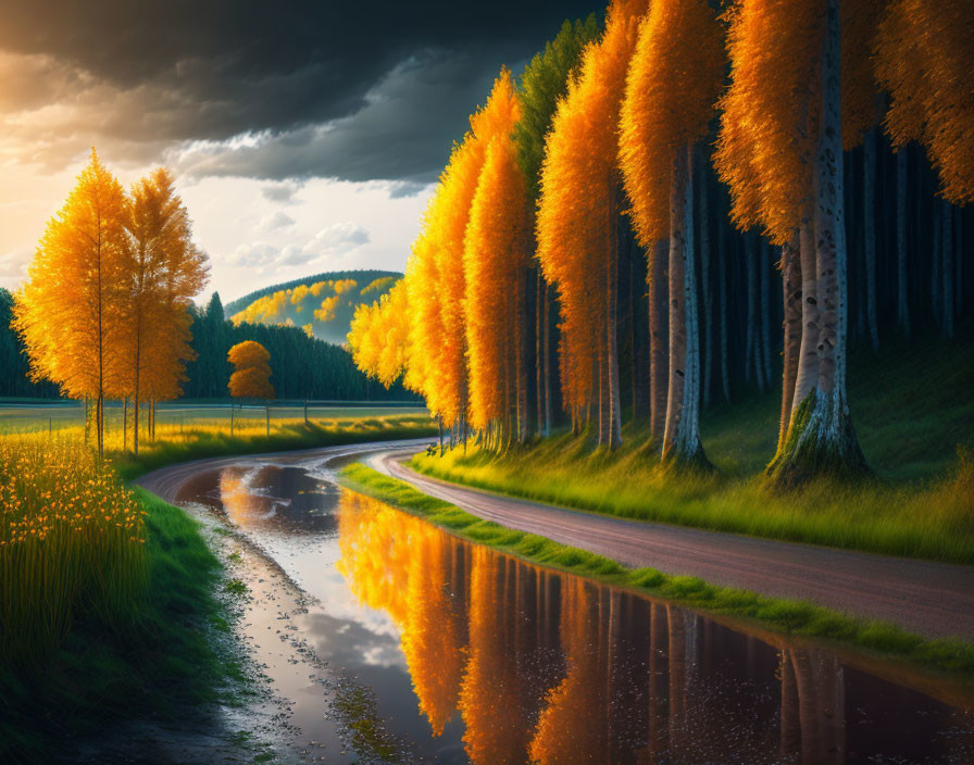 Tranquil autumn road with golden trees and dramatic sky