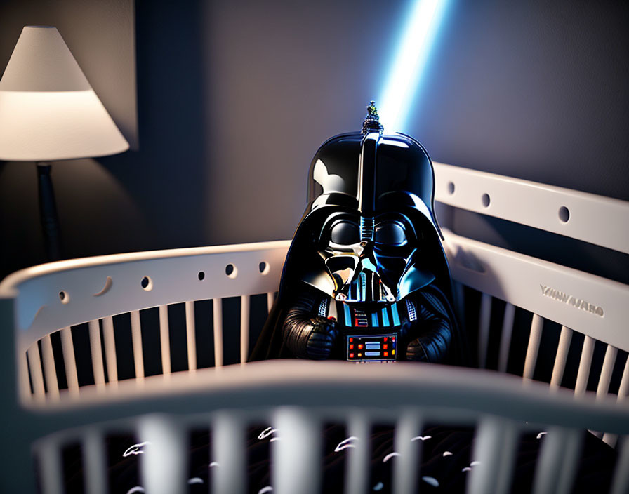 Darth Vader toy with lightsaber in crib under soft lamp light