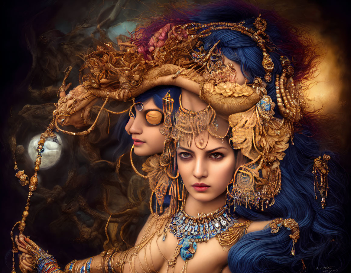 Digital Artwork: Two Faces with Golden Headpieces and Blue Hair