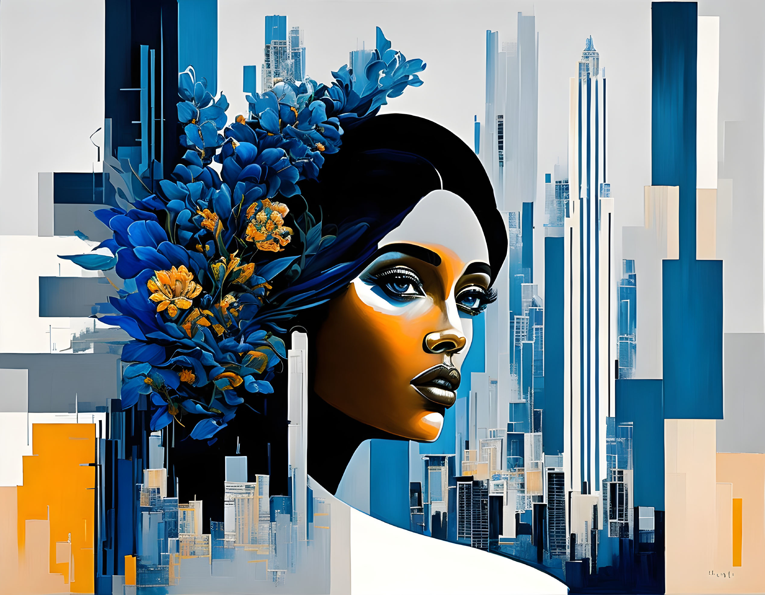 Stylized portrait of woman with blue floral hair against cityscape backdrop