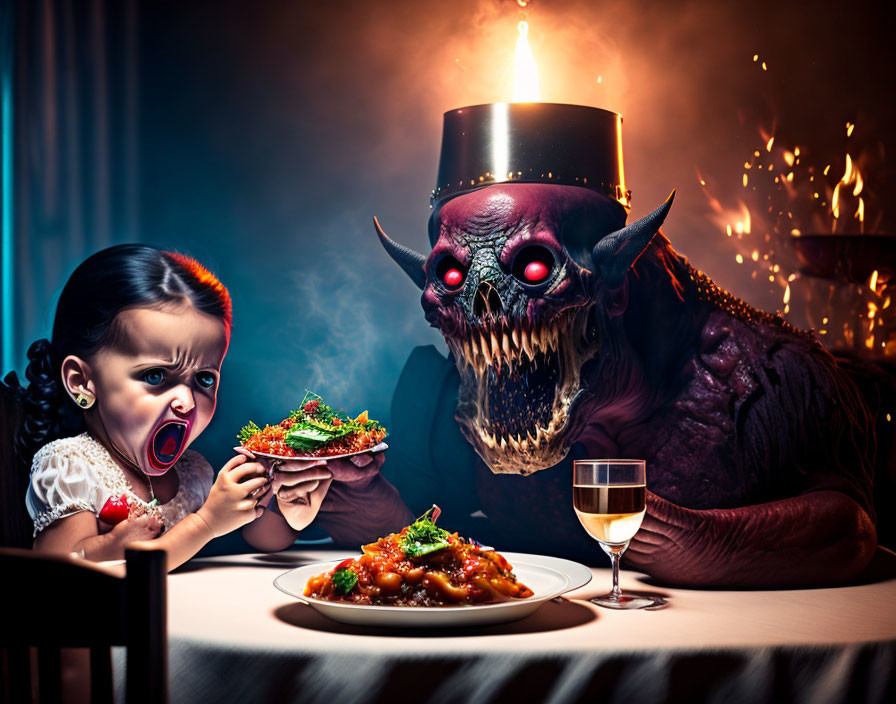 Monstrous creature dining with girl by candlelight