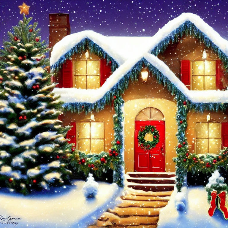 Snow-covered house with Christmas decorations and warm glow