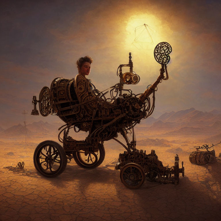 Steampunk vehicle with driver in goggles crossing desert under hazy sun