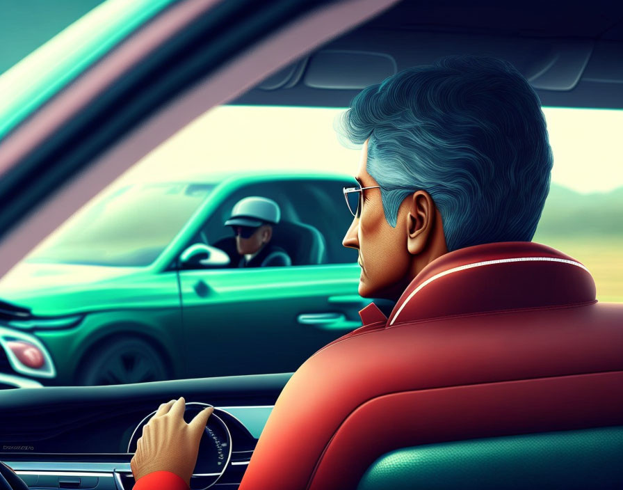 Illustration of person with gray hair driving car and glancing at passing driver