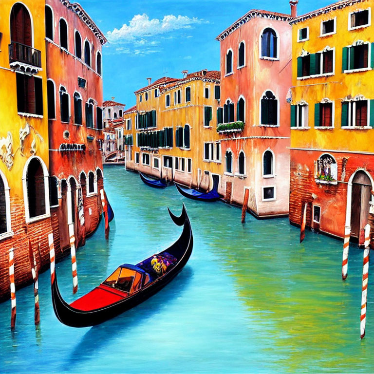 Colorful Venice Canal Painting with Gondola and Buildings