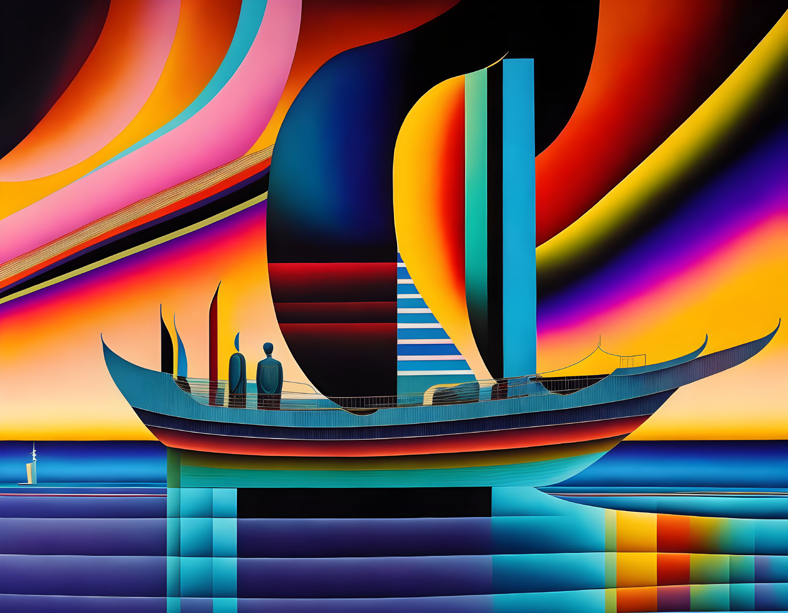 Colorful abstract digital artwork of a stylized ship with curved sails on dynamic, multicolored backdrop