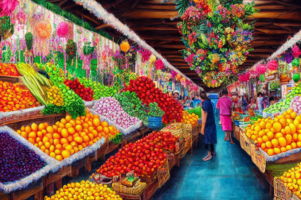 Colorful Fruit Market with Vibrant Produce and Floral Decorations