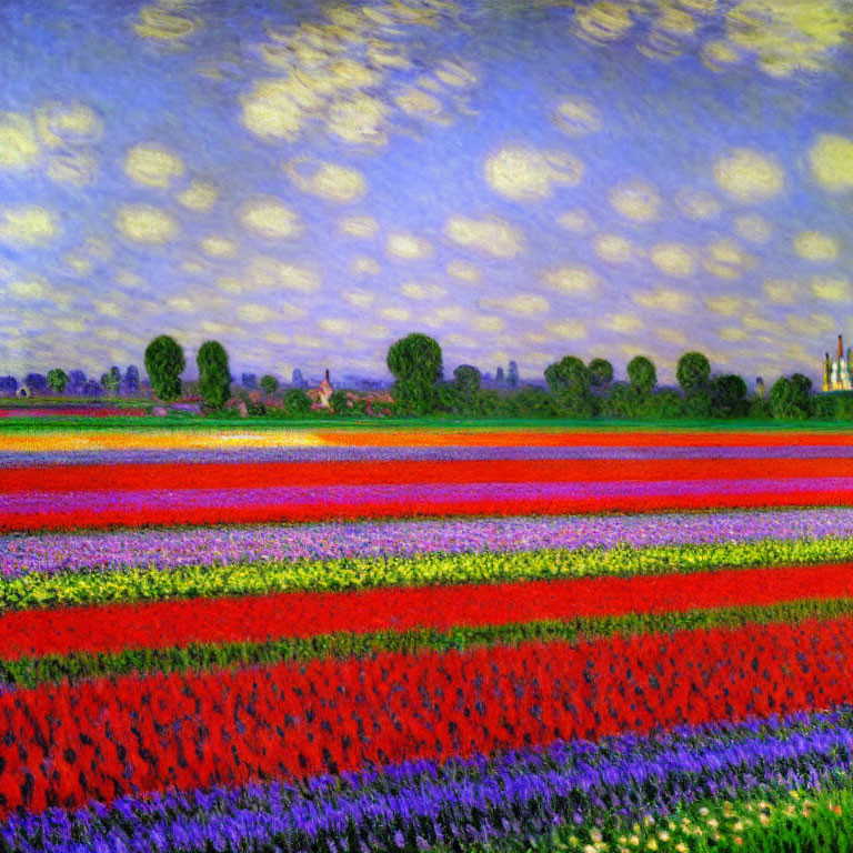 Vibrant Impressionist Flower Fields Under Blue Sky