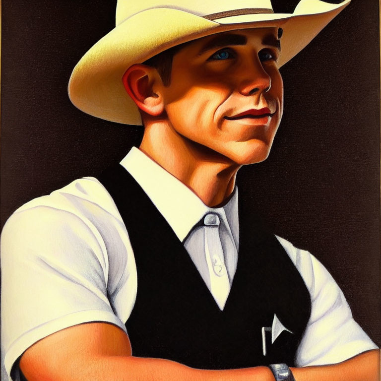 Stylized portrait of a man in white cowboy hat and vest