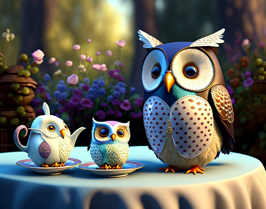 Large and small owl with owl-shaped teapot and cup in whimsical forest setting