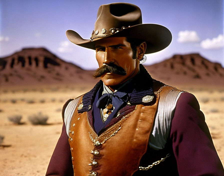 Man in Cowboy Attire with Mustache in Desert Setting