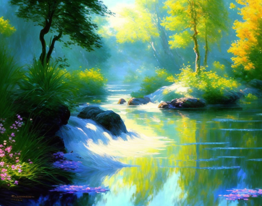 Tranquil river landscape with lush greenery and soft sunlight