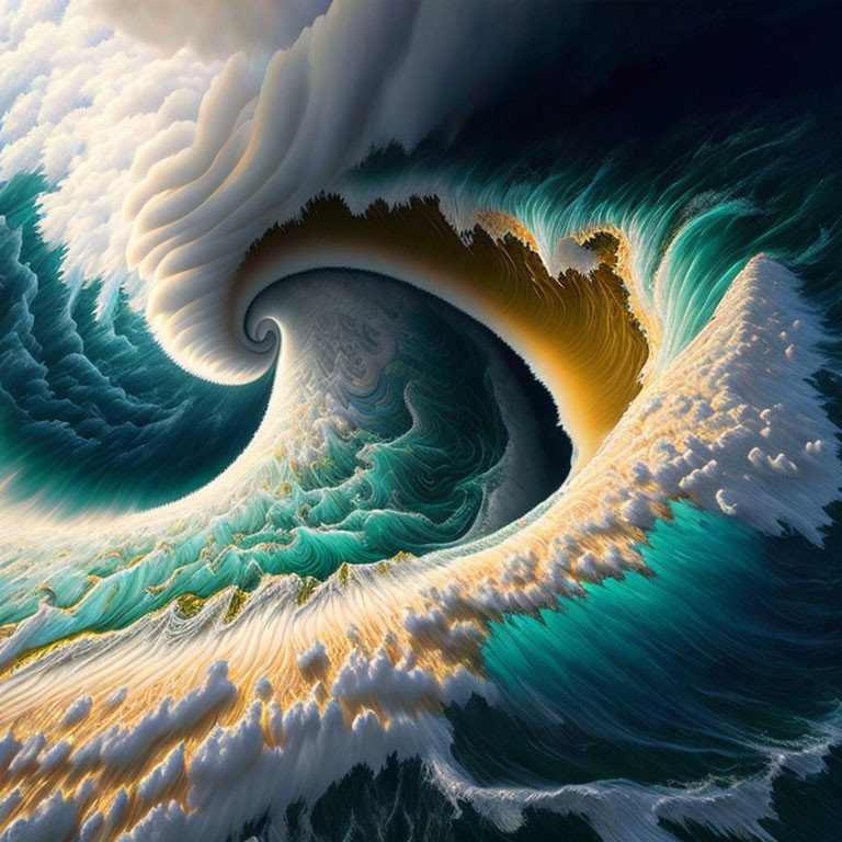 Surreal wave with swirling golden and azure colors