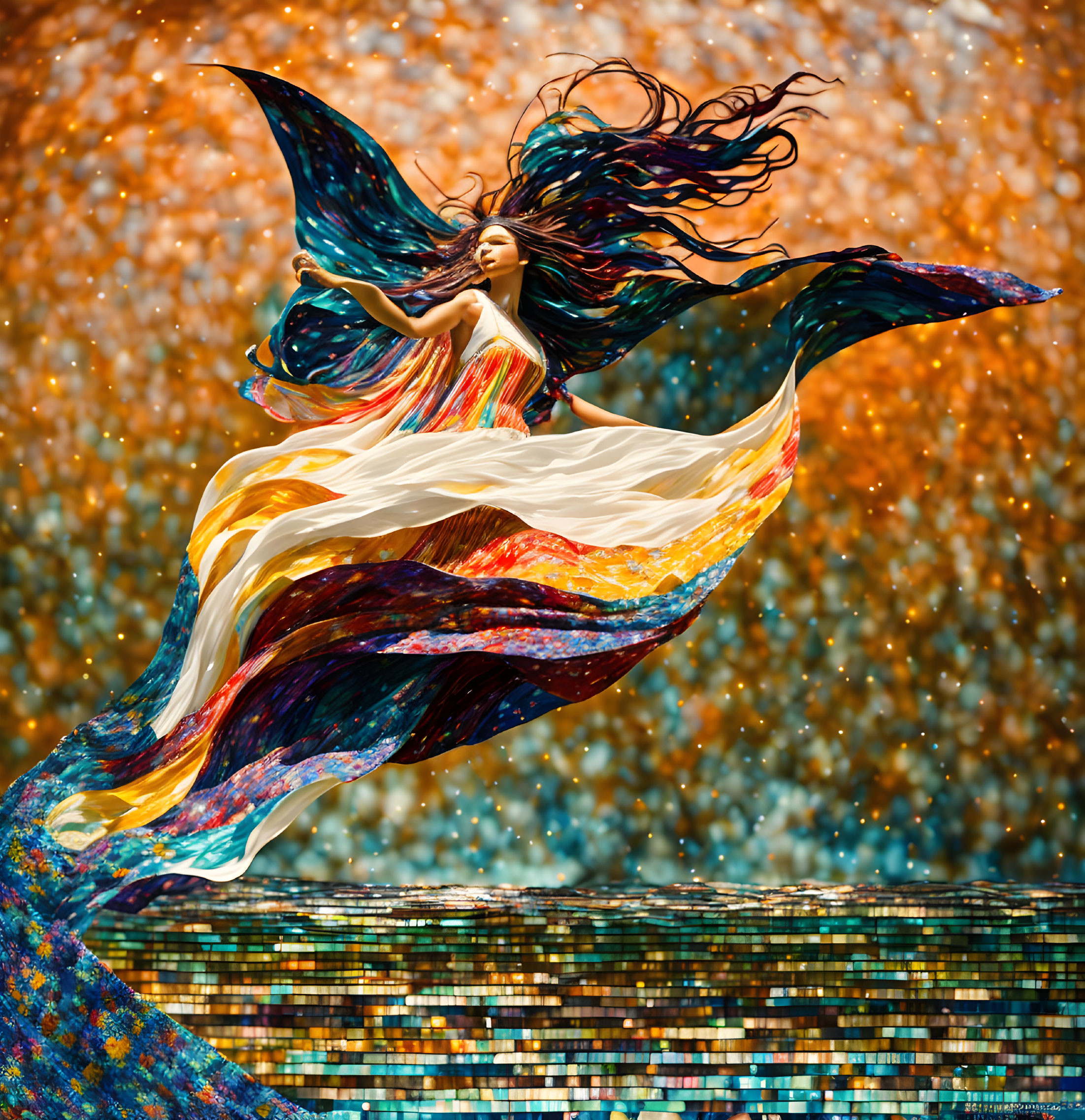 Graceful woman in vibrant dress leaping against bokeh backdrop