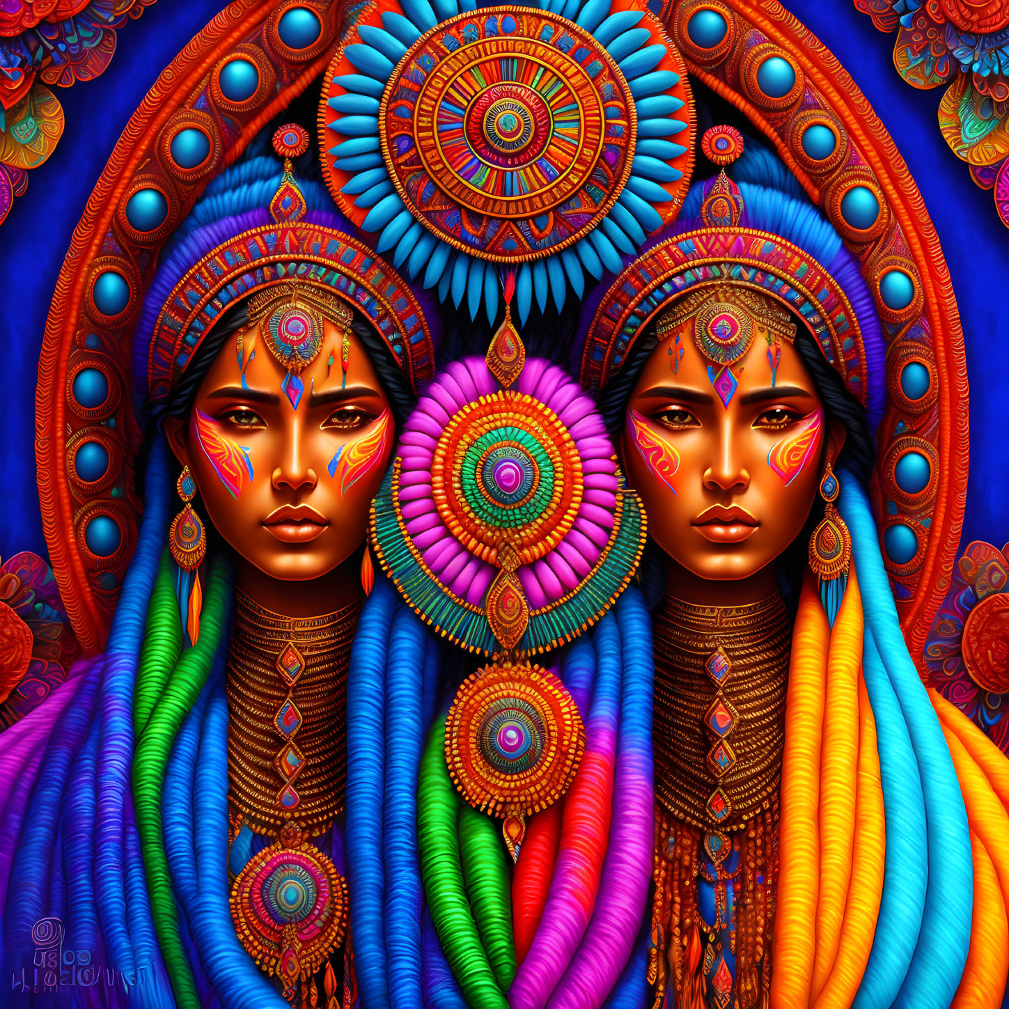 Symmetrical figures in vibrant digital art with cultural and psychedelic themes