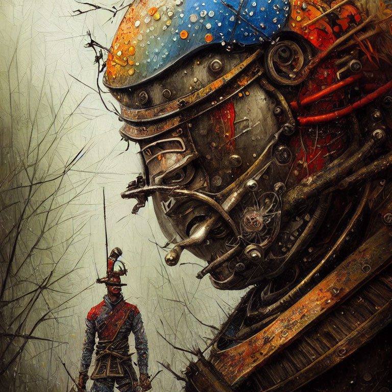 Historical soldier and steampunk robot in vibrant forest scene