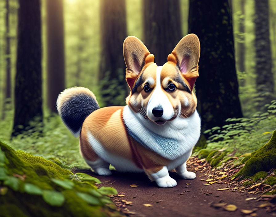 Tricolor Pembroke Welsh Corgi in Forest Setting