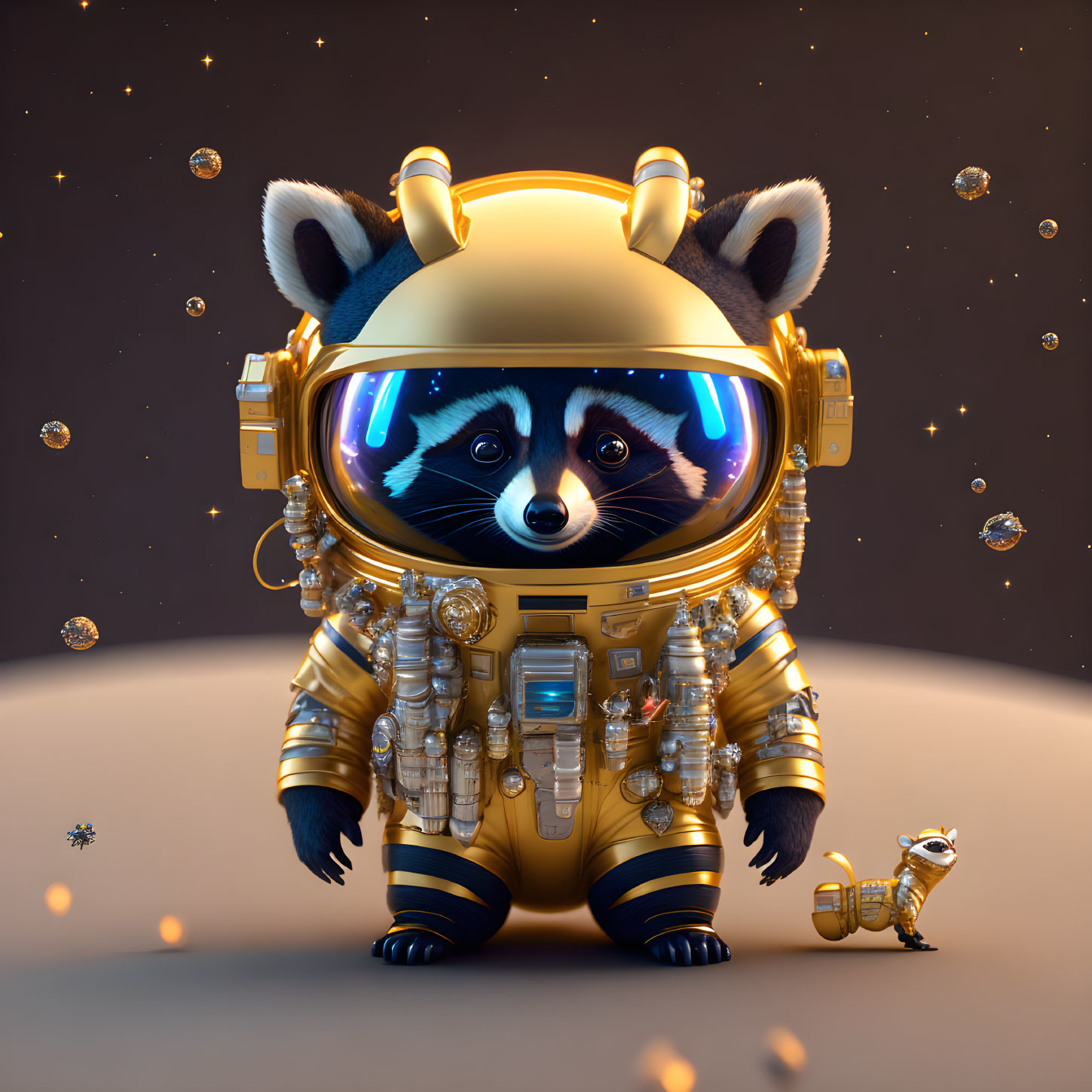 Detailed astronaut suit on raccoon with reflective helmet and mini version, dusty surface.