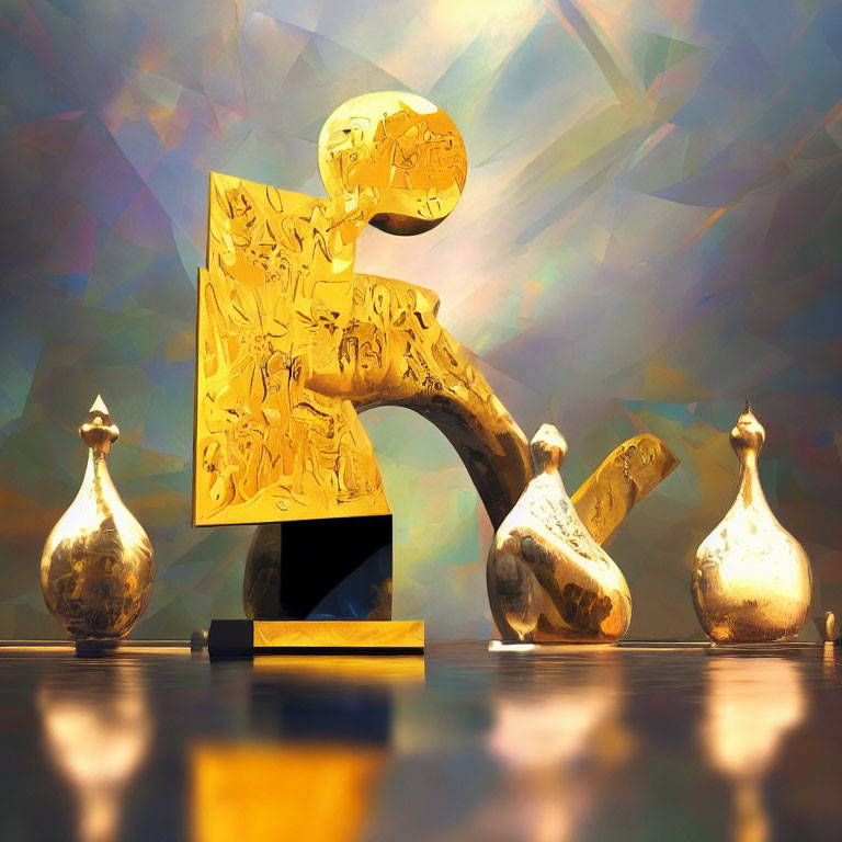 Abstract golden sculpture with intricate details and glossy pear-shaped objects on reflective surface against geometric backdrop.