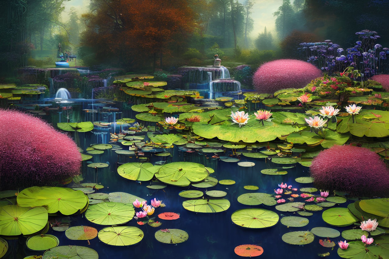 Tranquil Pond with Lily Pads, Flowers, and Waterfall