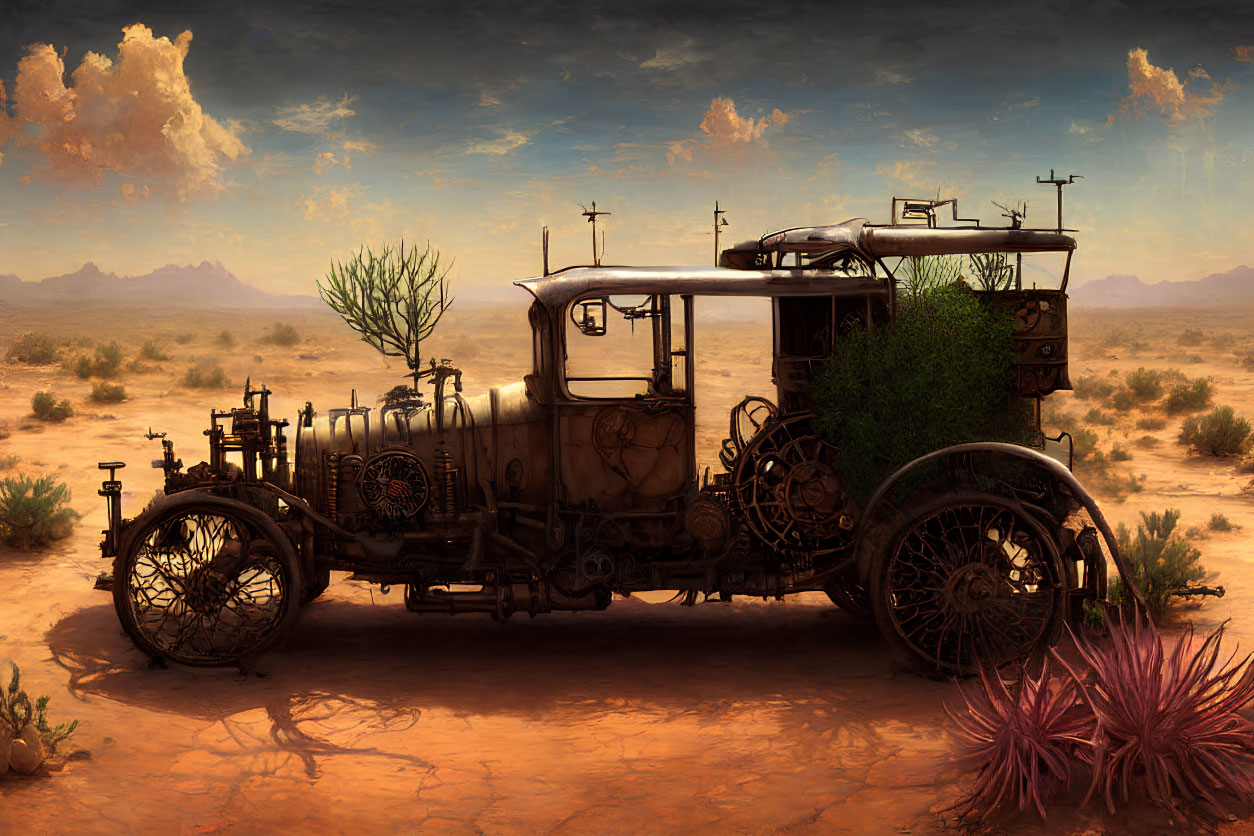 Steampunk-style abandoned vehicle in desert landscape with gears and pipes.