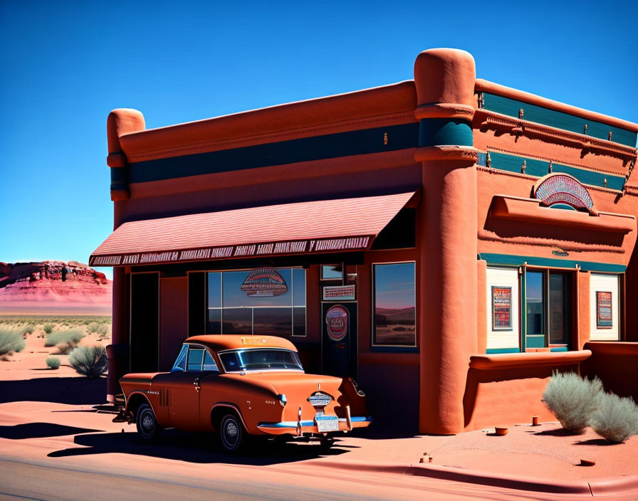 Vintage Orange Car Parked Outside Terracotta Diner