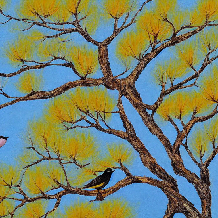 Colorful painting of black and pink birds on tree branch against blue sky