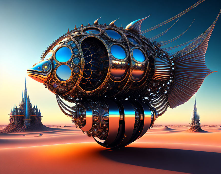 Steampunk-inspired fish-like airship above desert landscape with spire-like structures