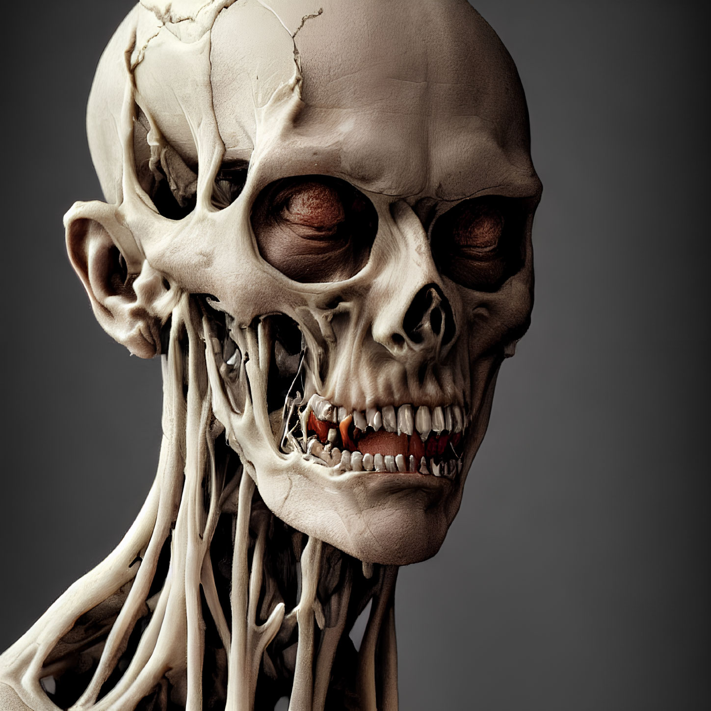 Detailed 3D Rendering of Skeletal Figure with Exposed Muscles and Bloodshot Eyes