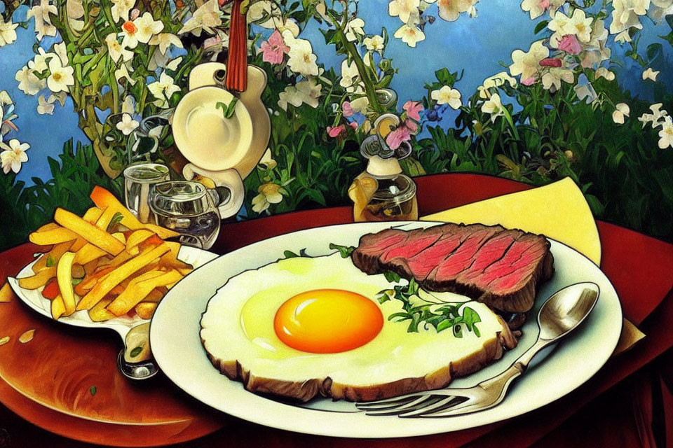 Illustration of steak, egg, fries, salad, cup, cutlery, and honey on