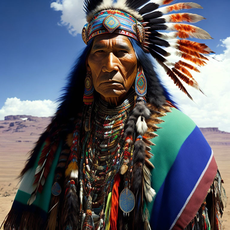 Elaborate Native American regalia with feather headdress and desert backdrop