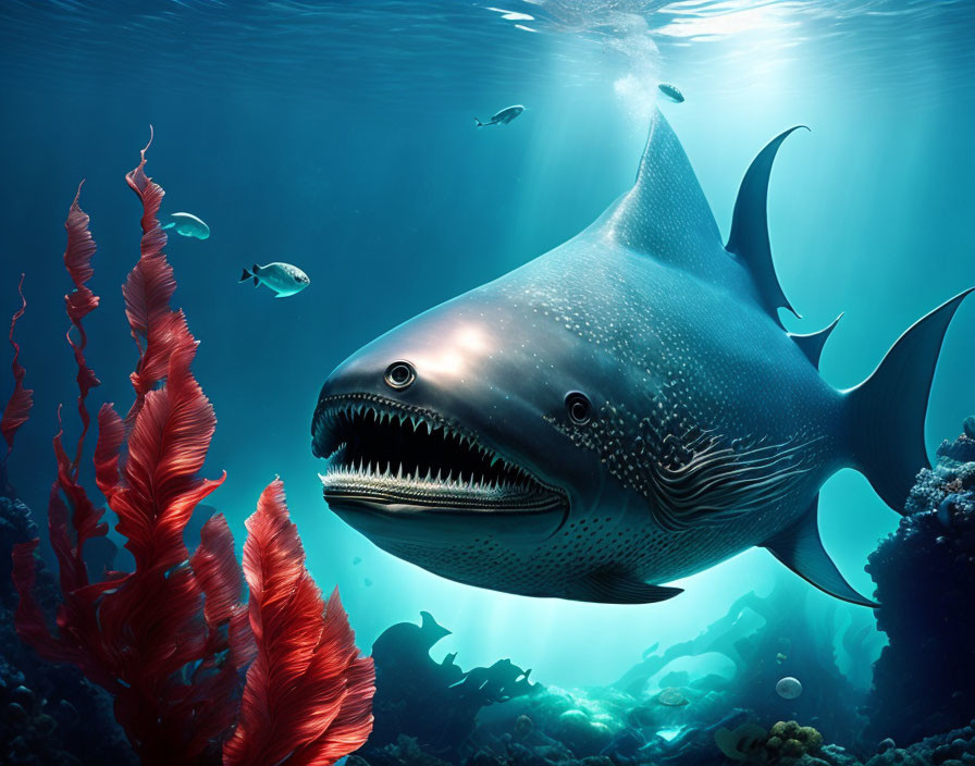 Menacing shark in vibrant underwater scene surrounded by fish and coral reefs