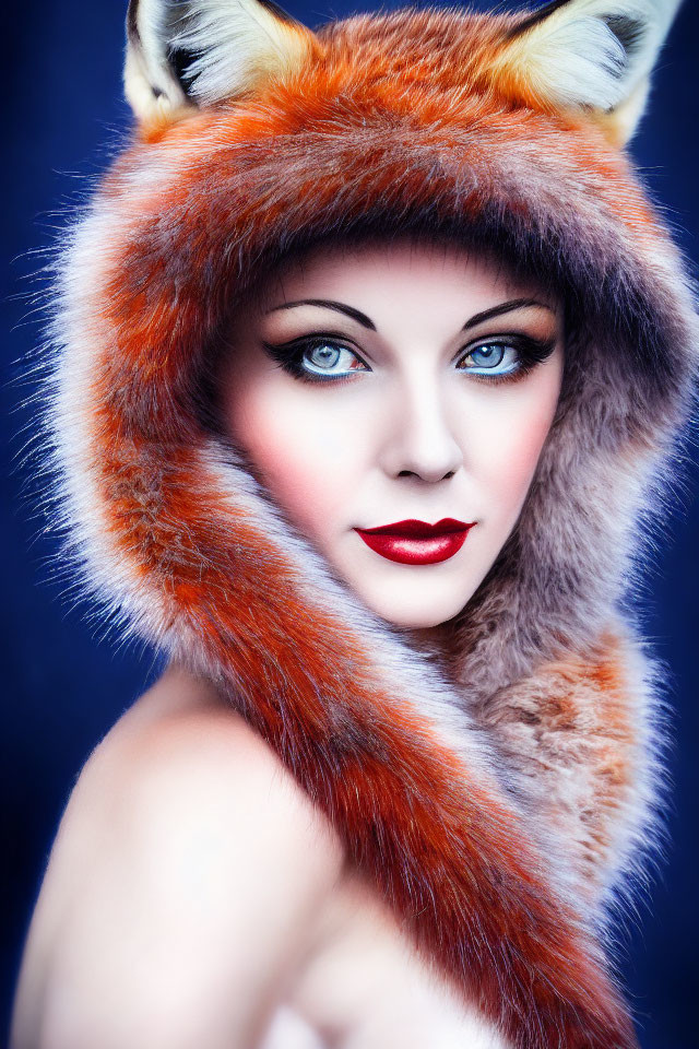 Woman with Blue Eyes in Fox Faux Fur Hat