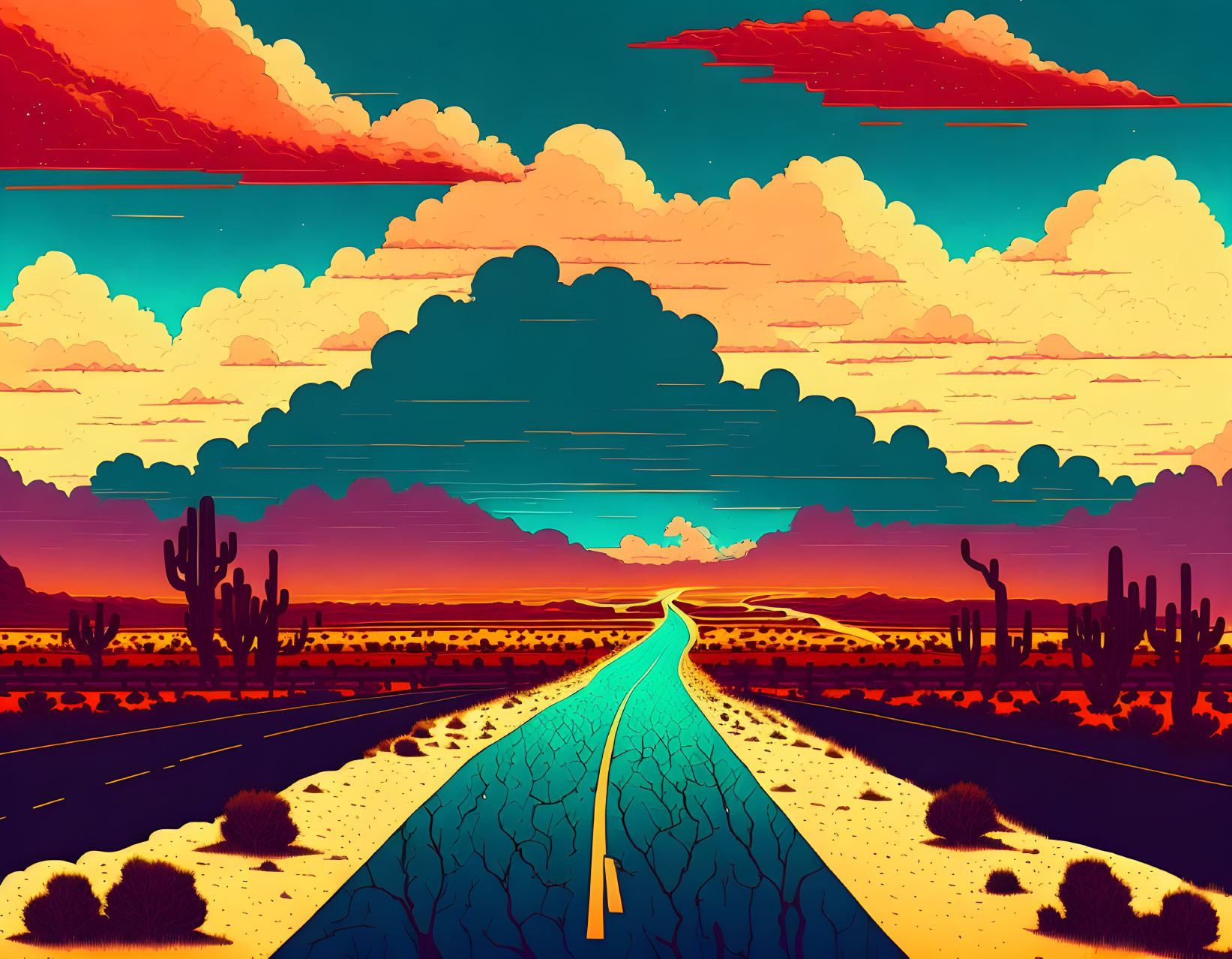 Vibrant desert sunset road with cacti and exaggerated perspective